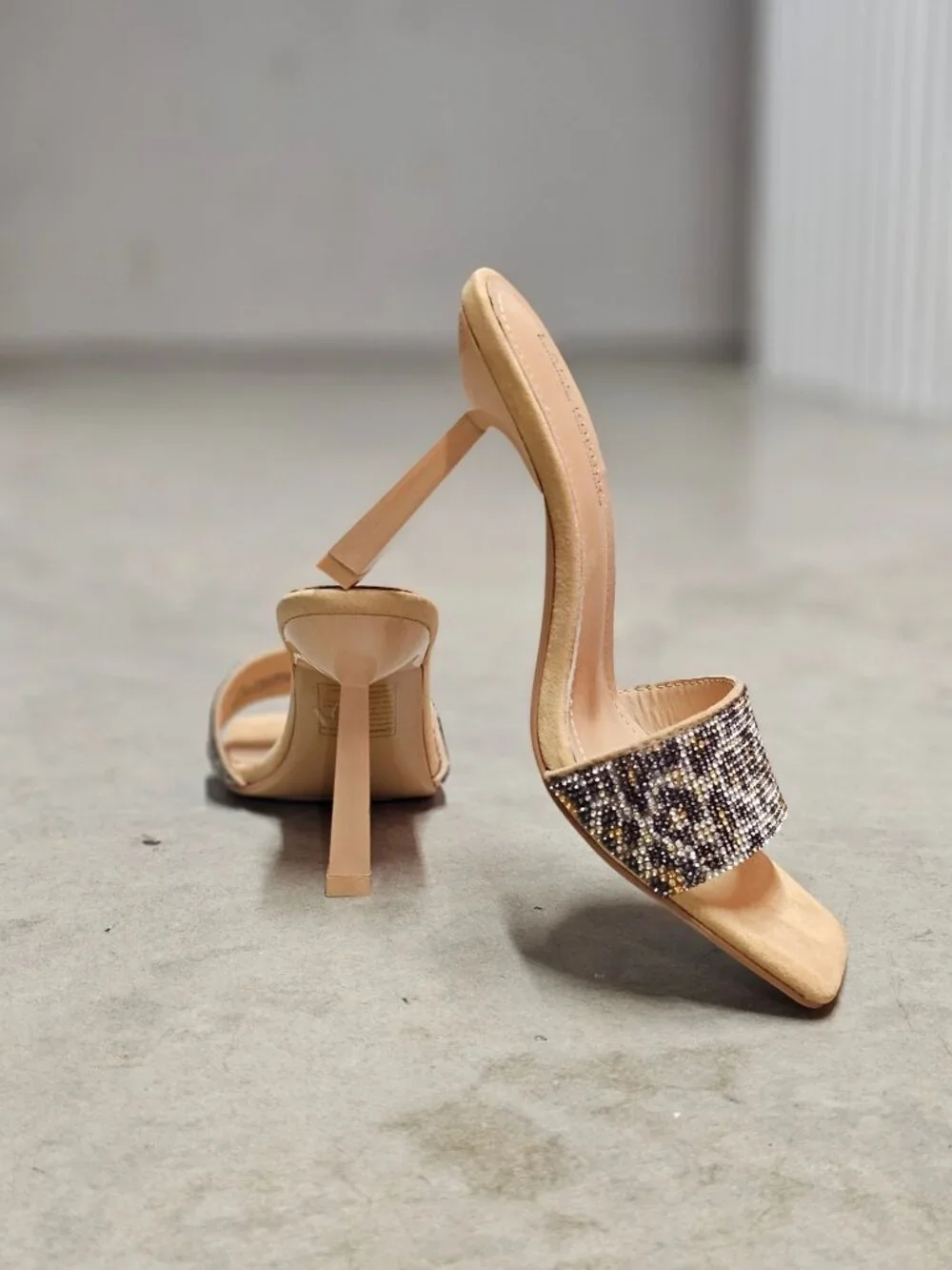 Beaded Leopard Print Square-Toe Open Heels With Stiletto Heel Design
